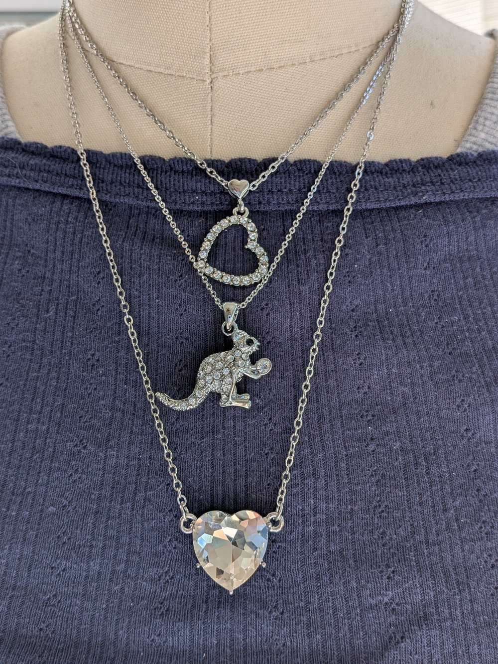 Lot of 3 Silver Tone Necklaces Claire's Open Heart Mouse Charm Solitaire Heart
